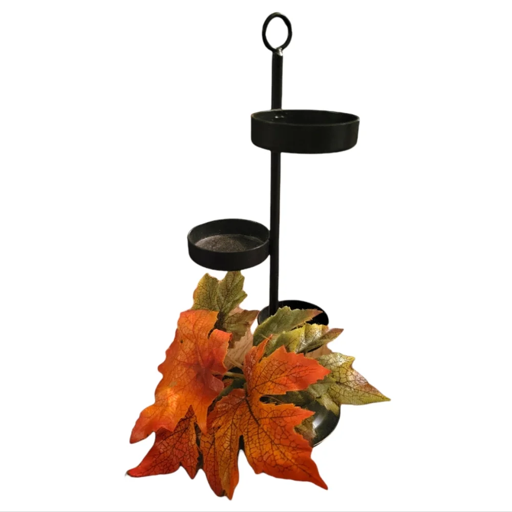 Vtg Partylite Black Metal 3 Tea Light Candle Holder Autumn Leaves Accent Base.